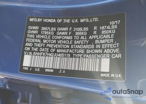 2018 Honda Civic Sport из США, поврежденный, VIN SHHFK7H42JU405119